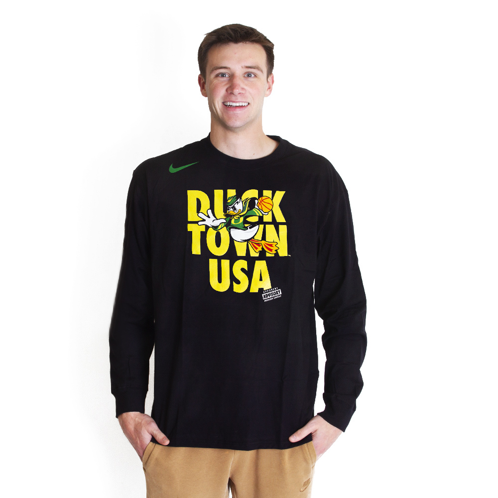 Ducks Spirit, Nike, Black, Long Sleeve, Men, Basketball, Mascot Dunking, Duck Town USA, T-Shirt, 786446